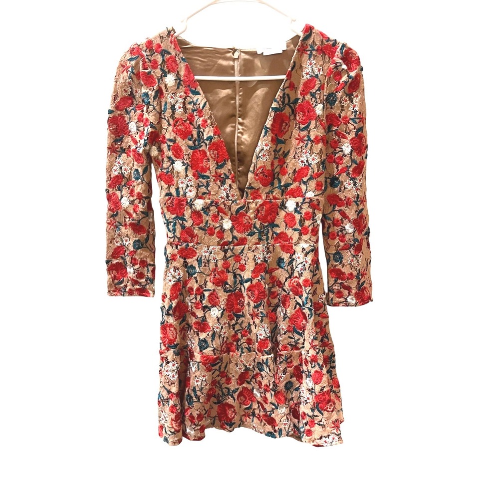 Lovers + Friends Red Floral Lace Deep V-Neck Long Sleeve Mini Dress XXS